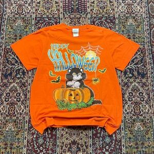 VTG 90s Bobbie Brooks happy halloween black cat pumpkin holiday‎ tee shirt L